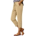 thumbnail image 1 of Spring Summer Cotton Linen Capris Pants for Women Elastic Waist Straight Leg Cropped Trouser with Pockets, 1 of 6