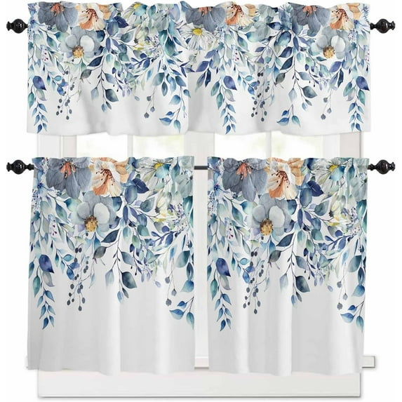 Spring Summer Curtain Valance and Tier Curtain Set 3PCS Rod Pocket Pastoral Colorful Eucalyptus Leaves and Flowers Blue Valances for Windows Kitchen Cafe Valance Curtains 24 Inch Length Tier Valance