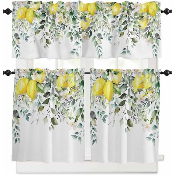 Spring Summer Curtain Valance and Tier Curtain Set 3PCS Rod Pocket Pastoral Plants Eucalyptus Leaves Lemon Flowers Green Valances for Windows Kitchen Cafe Valance Curtains 36 Inch Length Tier Valance