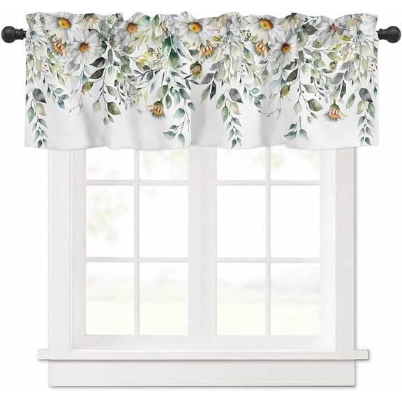 Spring Summer Curtain Valances for Windows Rod Pocket Decorative Window Treatments Pastoral Eucalyptus Leaves Daisy Flowers Green Valance Curtains Kitchen Valances for Living Room Bedroom 54"x18"