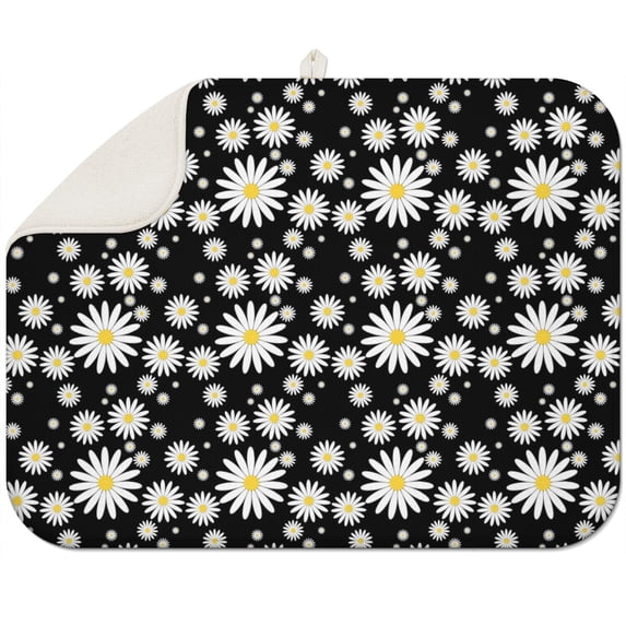Spring Summer Daisy Dish Drying Pad Microfiber Foldable Absorbent Rack Pad Kitchen Counter Floral Design 18x24 Inch
