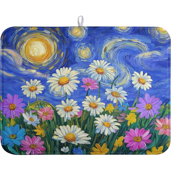 Spring Summer Daisy Floral Dish Drying Mats Spring Flowers Dish Mat Drying Matt Starry Sky Dishes Dryer Pad for Kitchen Counter Absorbent Microfiber Washable Foldable Reusable 18x24 in