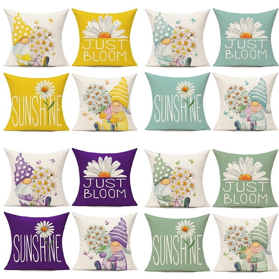 Spring Summer Daisy Floral Pillow Covers Gnomes Throw Pillows Cover 17.7x17.7 Set of 4,Flowers and Butterfly Spring Decorations Cushion Case for Sofa Patio Home