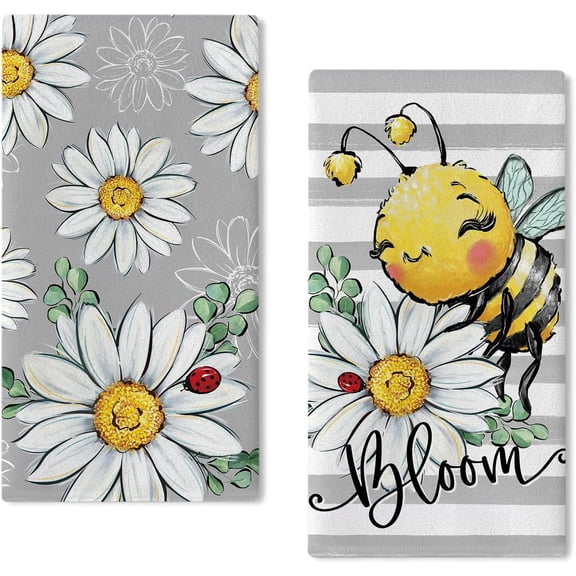 Spring/Summer Daisy Flower Kitchen Dish Towel 2-Piece Set, Bumblebee Floral Pattern Hand Towel for Drying, Baking, and Cooking, Gray Striped Eucalyptus Leaf Seasonal Home Kitchen Decor 45.7 x 66.04cm