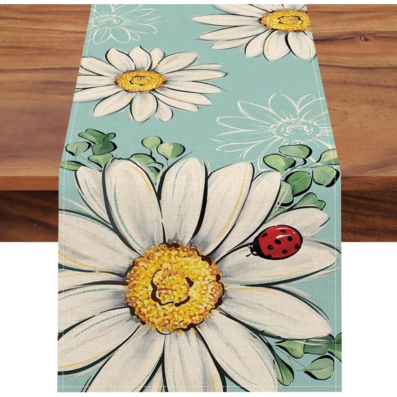 Spring Summer Daisy Flower Teal Table Runner, Floral Eucalyptus Leaves Ladybug Kitchen Dining Table Decoration, Seasonal Burlap Indoor Outdoor Home Decor Party Supply 13 x 90 Inches