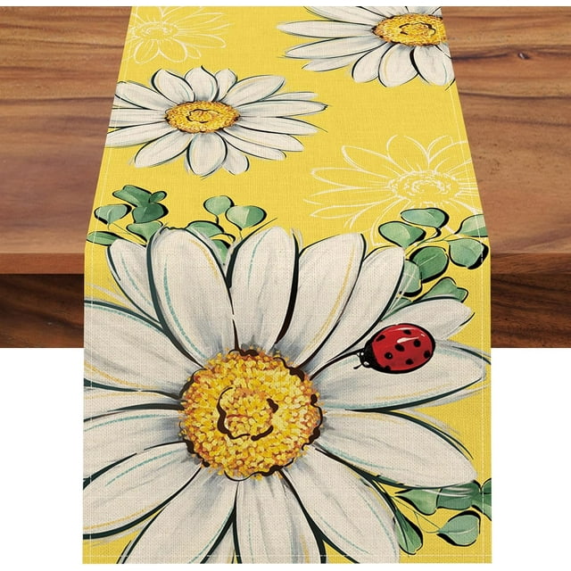 Spring Summer Daisy Flower Yellow Table Runner, Floral Eucalyptus Leaves Ladybug Kitchen Dining Table Decoration, Seasonal Burlap Indoor Outdoor Home Decor Party Supply 13 x 90 Inches