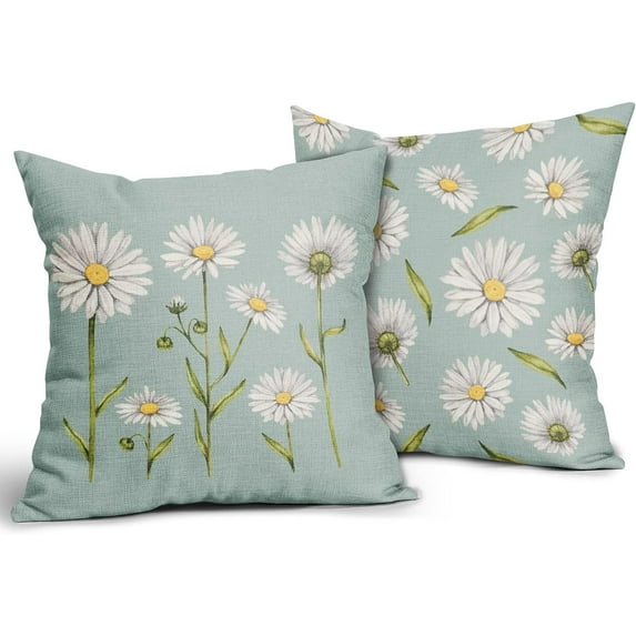 Spring Summer Daisy Pillow Covers 16x16 Set of 2 Watercolor White Flower Print Blue Decorative Throw Pillows Outdoor Pillowcase Square Linen Farmhouse Cushion Case Decor for Couch Sofa Bed