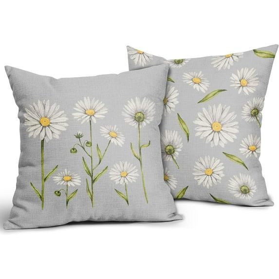 Spring Summer Daisy Pillow Covers 16x16 Set of 2 Watercolor White Flower Print Grey Gray Decorative Throw Pillows Outdoor Pillowcase Square Linen Farmhouse Cushion Case Decor for Couch Sofa Bed