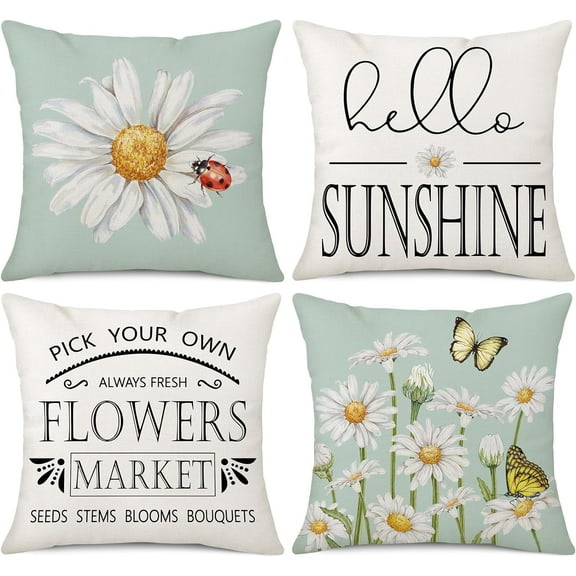 Spring Summer Daisy Throw Pillow Covers 18 x 18 Set of 4 Hello Sunshine Pick Your Own Flowers Summer Decorations Farmhouse Decor Cushion Case for Sofa Couch
