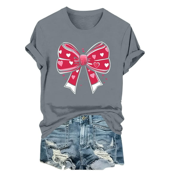 Spring Summer Date Night Wear – Women's Chic Printed Tee with Bow Design, Casual Short Sleeve Round Neck Top for Valentine's Day Theme Romantic Cute Outfits