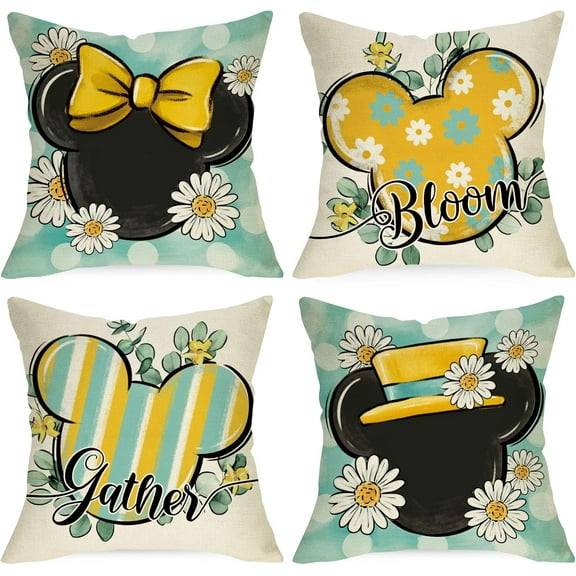 Spring Summer Decorative Throw Pillow Covers 18 x 18 Set of 4, Daisy Flower Eucalyptus Leaves Bloom Gather Cushion Case Decor, Teal Yellow Stripes Polka Dot Home Decoration