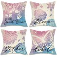 thumbnail image 1 of Spring Summer Decorative Throw Pillow Covers 18 x 18 Set of 4, Rose Floral Flower Home Sweet Home Porch Patio Outdoor Pillowcase, Butterfly Bloom Gather Stay Awhile Cushion Case Home Decor, 1 of 6