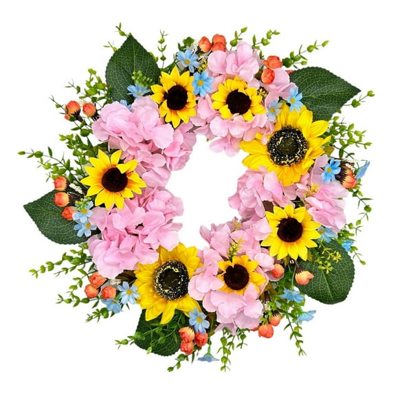 Spring Summer Decorative Wreath, Hydrangeas Sunflowers Daisies, for Home Garden Entrance, Indoor Outdoor, 50cm,