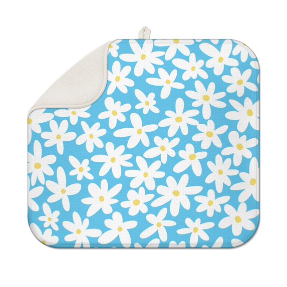 Spring Summer Dish Drying Pad with Daisy Floral Print Microfiber Kitchen Rack Mat Foldable Absorbent Drainer 16x18 Inch