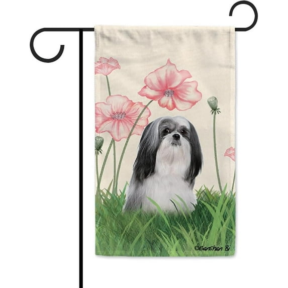Spring Summer Dog Decorative Garden Flag Lhasa Apso Lotus Flowers Outside Banner for Yard Farmhouse Double Side 12.5x18 Inch
