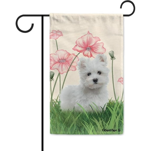 Spring Summer Dog Decorative Garden Flag Maltese Lotus Flowers Outside Banner for Yard Farmhouse Double Side 12.5x18 Inch