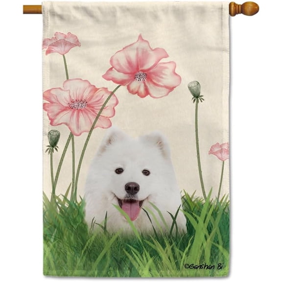 Spring Summer Dog Decorative House Flag Samoyed Lotus Flowers Outside Banner for Yard Farmhouse Double Side 28x40 Inch