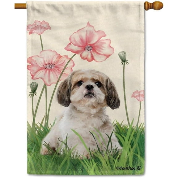 Spring Summer Dog Decorative House Flag Shih Tzu Lotus Flowers Outside Banner for Yard Farmhouse Double Side 28x40 Inch