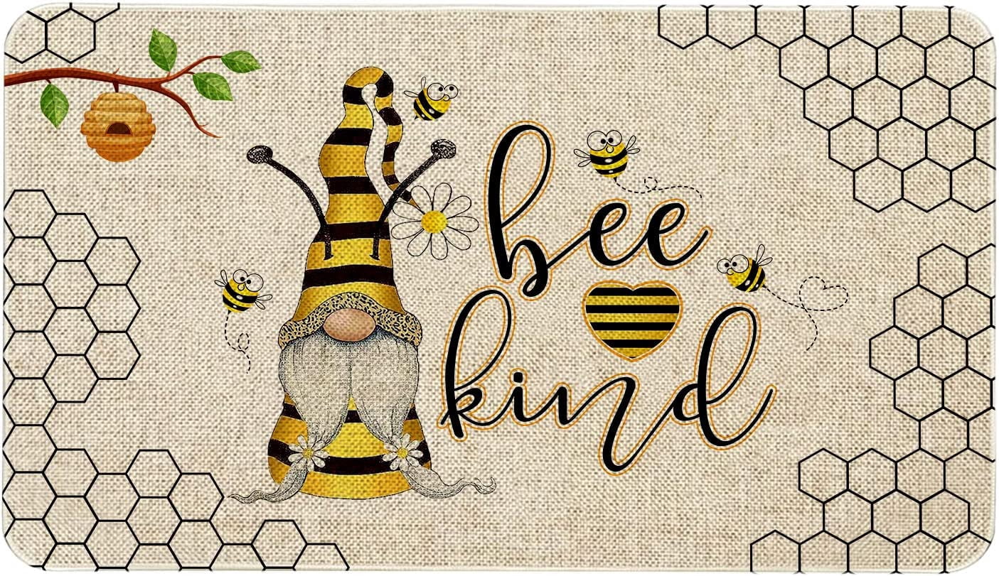 Spring Summer Door Mat 30 X 17 Inch Bee Kind Gnome Doormat Indoor Outdoor Entrance Floor Mat Non Slip Summer Decor Rubber Welcome Mats