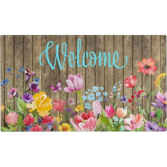 Spring Summer Door Mat,Flower Watercolor Floral Indoor Outdoor Non-Slip Doormat,Entryway Front Porch Farmhouse Spring Welcome Door Mat for Entrance Decor,30" x 17"