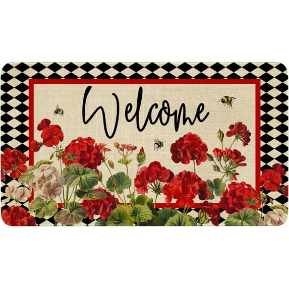 Spring Summer Door Mat,Geranium Bee Red Floral Buffalo Plaid Indoor Outdoor Non-Slip Doormat,Entryway Front Porch Farmhouse Spring Welcome Door Mat for Entrance Decor,30" x 17"