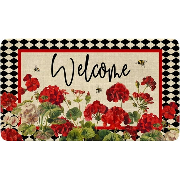 Spring Summer Door Mat,Geranium Bee Red Floral Buffalo Plaid Indoor Outdoor Non-Slip Doormat,Entryway Front Porch Farmhouse Spring Welcome Door Mat for Entrance Decor,30" x 17"