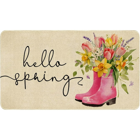 Spring Summer Door Mat,Hello Spring Narcissus Tulips Flower Floral Indoor Outdoor Non-Slip Doormat,Entryway Front Porch Farmhouse Spring Welcome Door Mat Colorful for Entrance Decor,30" x 17"