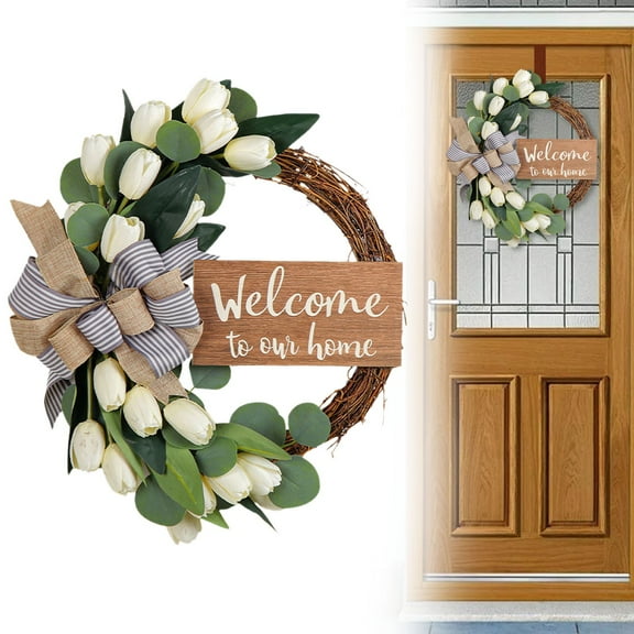 Spring Summer Door Wreath (Artificial Floral Decor, Farmhouse), Pre-Trimmed Greenery Maintains Neat Appearance, Uv-Resistant Leaves, In Artificial Spring Summer Wreaths Home, By Kingtowag
