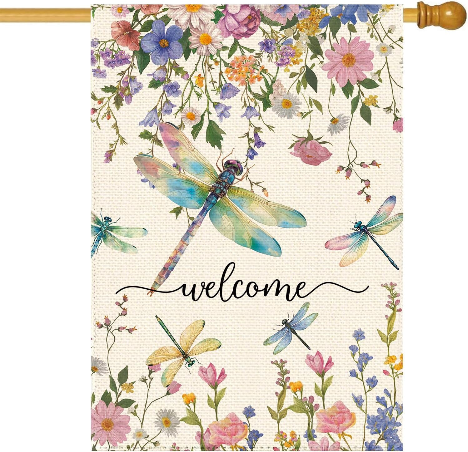 Spring Summer Dragonflies Wildflowers Welcome House Flag 28 x 40 Inch Double Sided, Watercolor Floral Large Yard Garden Flags Holiday Farmhouse Flags for Patio Outdoor Outside Decoration