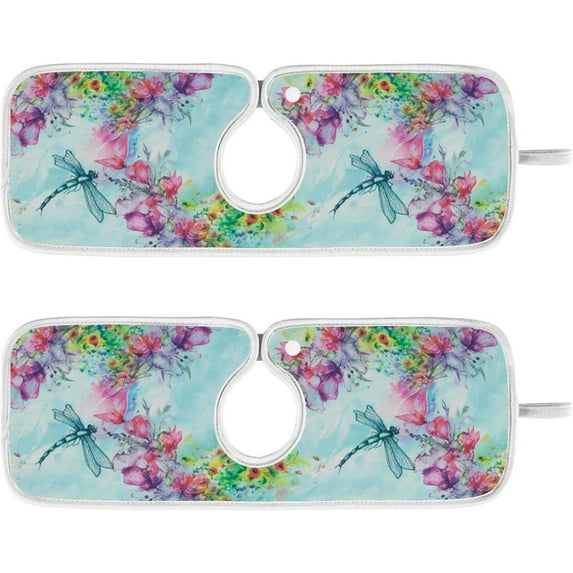 Spring Summer Dragonfly Floral 2PCS Faucet Absorbent Mat Kitchen Faucet Sink Splash Guard Microfiber Cloth Faucet Splash Catcher Water Absorbent Mat Behind Faucet, Faucet Mat for Kitchen Sink 30x5in