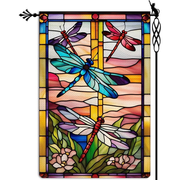 Spring Summer Dragonfly Garden Flag Stained Glass Style Flowers Double Sided Rustic Burlap Yard Lawn Outdoor Decor 12.5 x 18 Inch