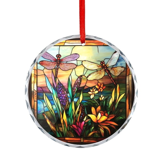 Spring Summer Dragonfly Glass Style Flowers Crystal Glass Ornament Modern Vintage French Dragonfly Floral Christmas Decorative Hanging Ornaments for Home Office Xmas Tree Decor