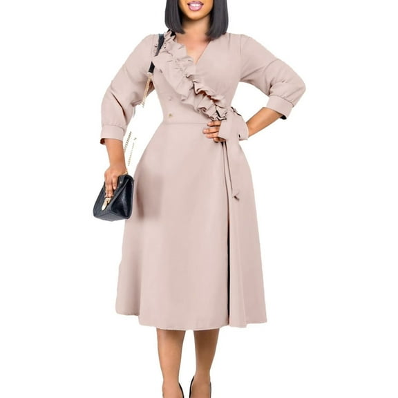 Spring Summer Dress for Women Casual Ruffle 3/4 Sleeve Wrap Dress with Pockets