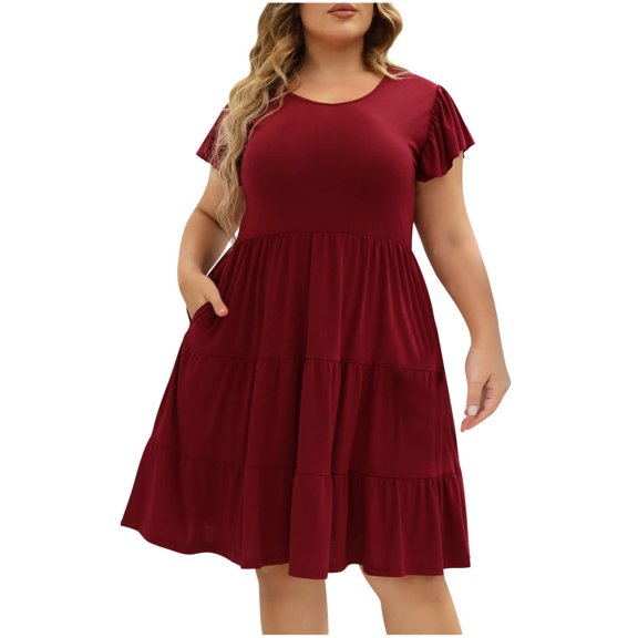 Spring Summer Dress for Women Ndbuld Women's Large Round Neck Doll Solid Color Fold Wooden Ear Double Pocket Dress Wine XXXL