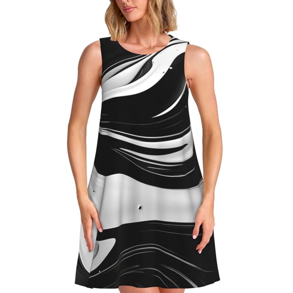 Spring Summer Dresses for Women 2025 - Abstract Black White Swirls Swimsuit Coverup Sundresses for Women, Beach Vacation Clothes for Women, Hawaiian Tshirt Dresses for Women