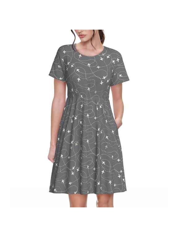 Spring Summer Dresses for Women 2025 - Airplane Routes Around The World Wedding Guest Dresses, Beach Vacation Clothes, Hawaiian Sundresses Casual Short Sleeve Dress for Women with Pockets