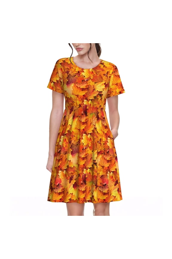 Spring Summer Dresses for Women 2025 - Autumn Maple Leaf Pile Wedding Guest Dresses, Beach Vacation Clothes, Hawaiian Sundresses Casual Short Sleeve Dress for Women with Pockets