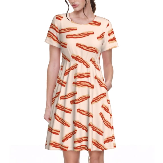 Spring Summer Dresses for Women 2025 - Bacon Print No.909 Wedding Guest Dresses, Beach Vacation Clothes, Hawaiian Sundresses Casual Short Sleeve Dress for Women with Pockets