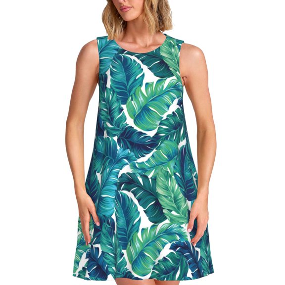 Spring Summer Dresses for Women 2025 - Banana Leaves Green Swimsuit Coverup Sundresses for Women, Beach Vacation Clothes for Women, Hawaiian Tshirt Dresses for Women