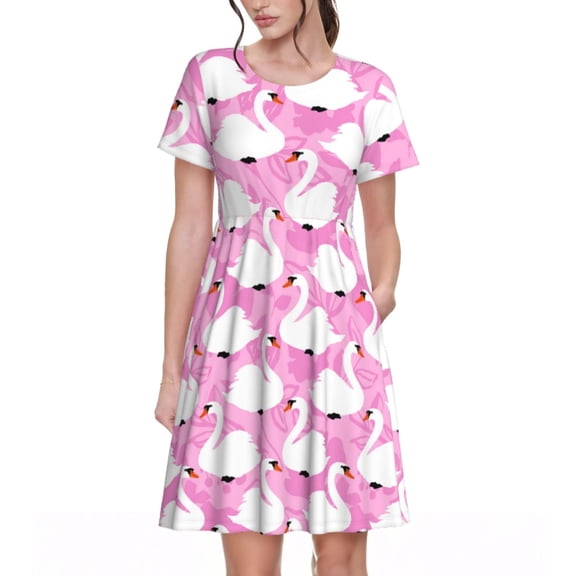 Spring Summer Dresses for Women 2025 - Beautiful Swans Wedding Guest Dresses, Beach Vacation Clothes, Hawaiian Sundresses Casual Short Sleeve Dress for Women with Pockets