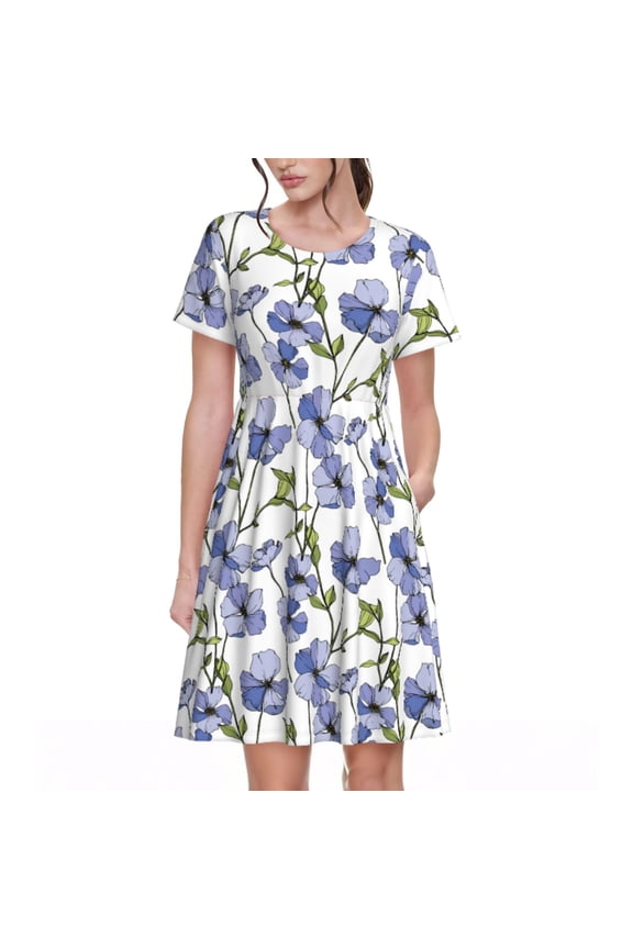 Spring Summer Dresses for Women 2025 - Blue Flax Flowers Wedding Guest Dresses, Beach Vacation Clothes, Hawaiian Sundresses Casual Short Sleeve Dress for Women with Pockets