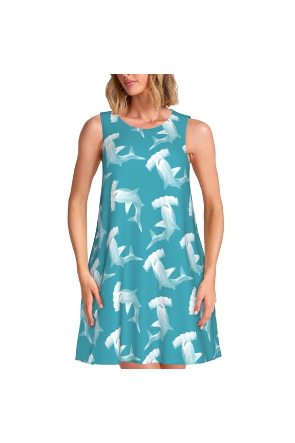 Spring Summer Dresses for Women 2025 - Blue Hammerhead Shark Swimsuit Coverup Sundresses for Women, Beach Vacation Clothes for Women, Hawaiian Tshirt Dresses for Women