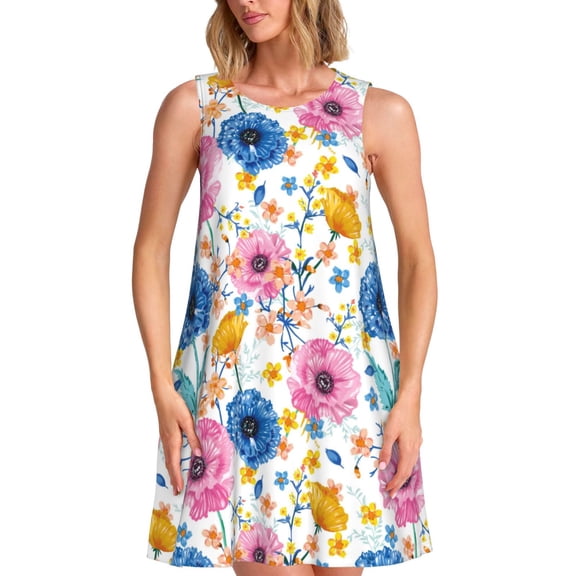 Spring Summer Dresses for Women 2025 - Blue Pink Yellow Rose Flowers Swimsuit Coverup Sundresses for Women, Beach Vacation Clothes for Women, Hawaiian Tshirt Dresses for Women