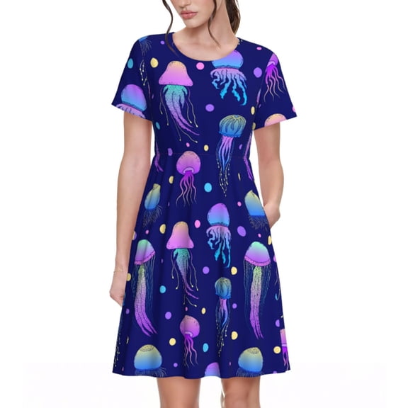 Spring Summer Dresses for Women 2025 - Blue Purple Jellyfish Wedding Guest Dresses, Beach Vacation Clothes, Hawaiian Sundresses Casual Short Sleeve Dress for Women with Pockets