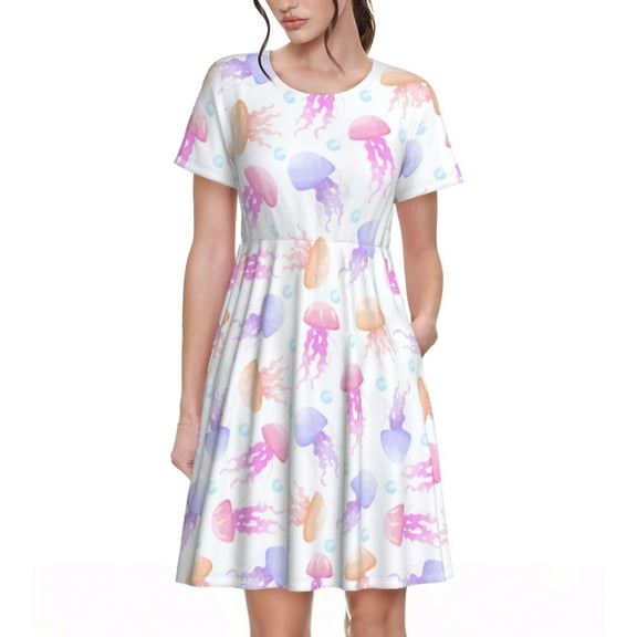 Spring Summer Dresses for Women 2025 - Bright Jellyfish Print Wedding Guest Dresses, Beach Vacation Clothes, Hawaiian Sundresses Casual Short Sleeve Dress for Women with Pockets