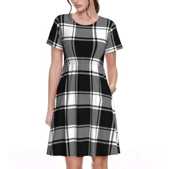 Spring Summer Dresses for Women 2025 - Buffalo Check Plaid White Black Wedding Guest Dresses, Beach Vacation Clothes, Hawaiian Sundresses Casual Short Sleeve Dress for Women with Pockets