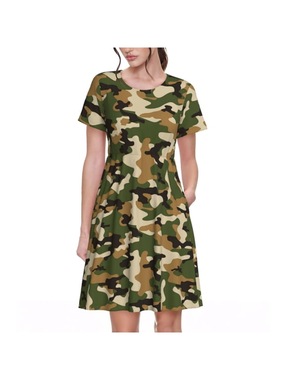 Spring Summer Dresses for Women 2025 - Camouflage Green Classic Wedding Guest Dresses, Beach Vacation Clothes, Hawaiian Sundresses Casual Short Sleeve Dress for Women with Pockets
