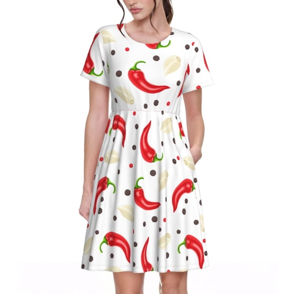 Spring Summer Dresses for Women 2025 - Chili Pepper Garlic Wedding Guest Dresses, Beach Vacation Clothes, Hawaiian Sundresses Casual Short Sleeve Dress for Women with Pockets