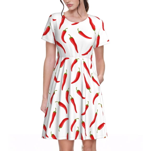 Spring Summer Dresses for Women 2025 - Chili Pepper Red Pattern Wedding Guest Dresses, Beach Vacation Clothes, Hawaiian Sundresses Casual Short Sleeve Dress for Women with Pockets