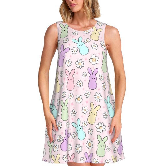 Spring Summer Dresses for Women 2025 - Colorful Bunny Swimsuit Coverup Sundresses for Women, Beach Vacation Clothes for Women, Hawaiian Tshirt Dresses for Women